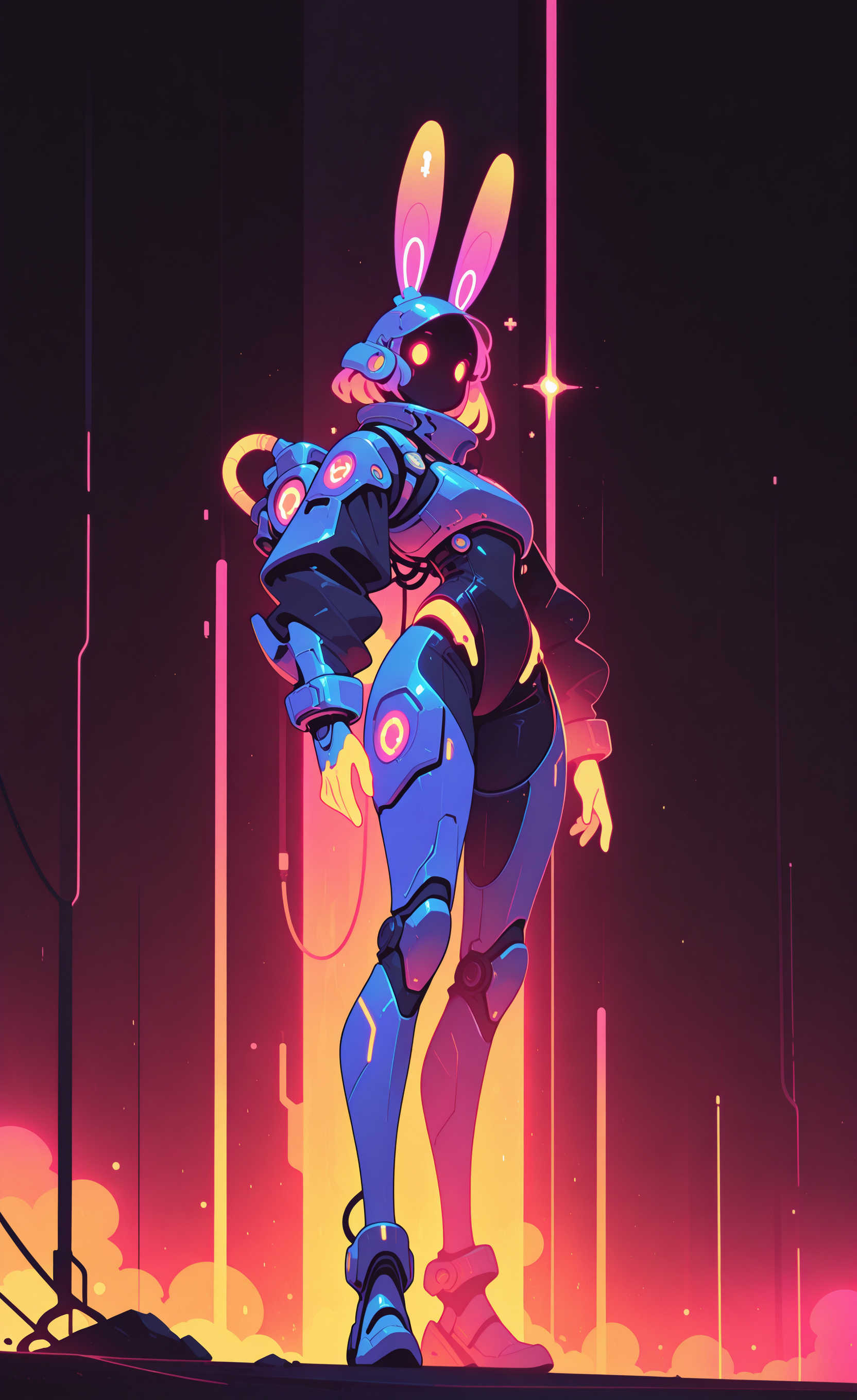 masterpiece, best quality, good quality, newest, highres, absurdres, futuristic_armor, bunny_ears, glowing_elements, sci-fi, robotic_suit, neon_lighting, cinematic_lighting, dynamic_pose, high_contrast, tech_armor, glowing_eyes, backlight <lora:illustriousXL_stabilizer_v1.23:0.3> <lora:NOOB_vp1_detailer_by_volnovik_v1:0.3> <lora:ponyv6_noobE11_2_adamW-000017:0.45> <lora:checkpoint-e18_s306:1.5> <lora:haiz_ai_illu:0.7>