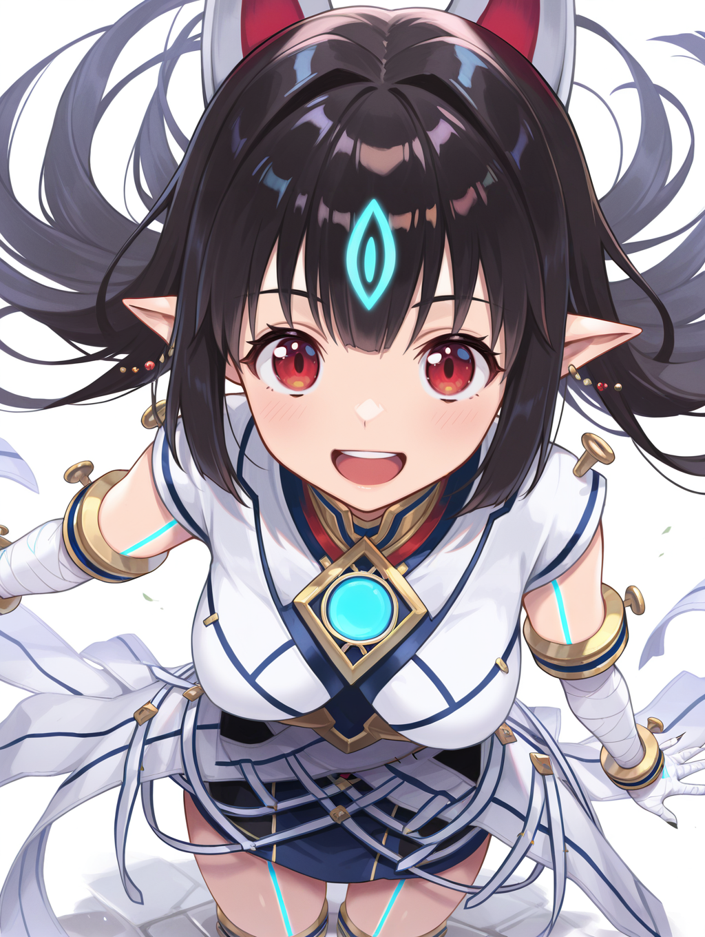 kasandra \(xenoblade\), 1girl, solo, smile, looking at viewer, open mouth, fox mask on head back, white japanese dress, white bandaged gloves, from above, ball earrings, blue body tattoo, blue chest jewel,
masterpiece,best quality,amazing quality,very aesthetic,absurdres,newest,<lora:Xenoblade Chronicles 2 - Kasandra illusXL v1.2:0.75>,