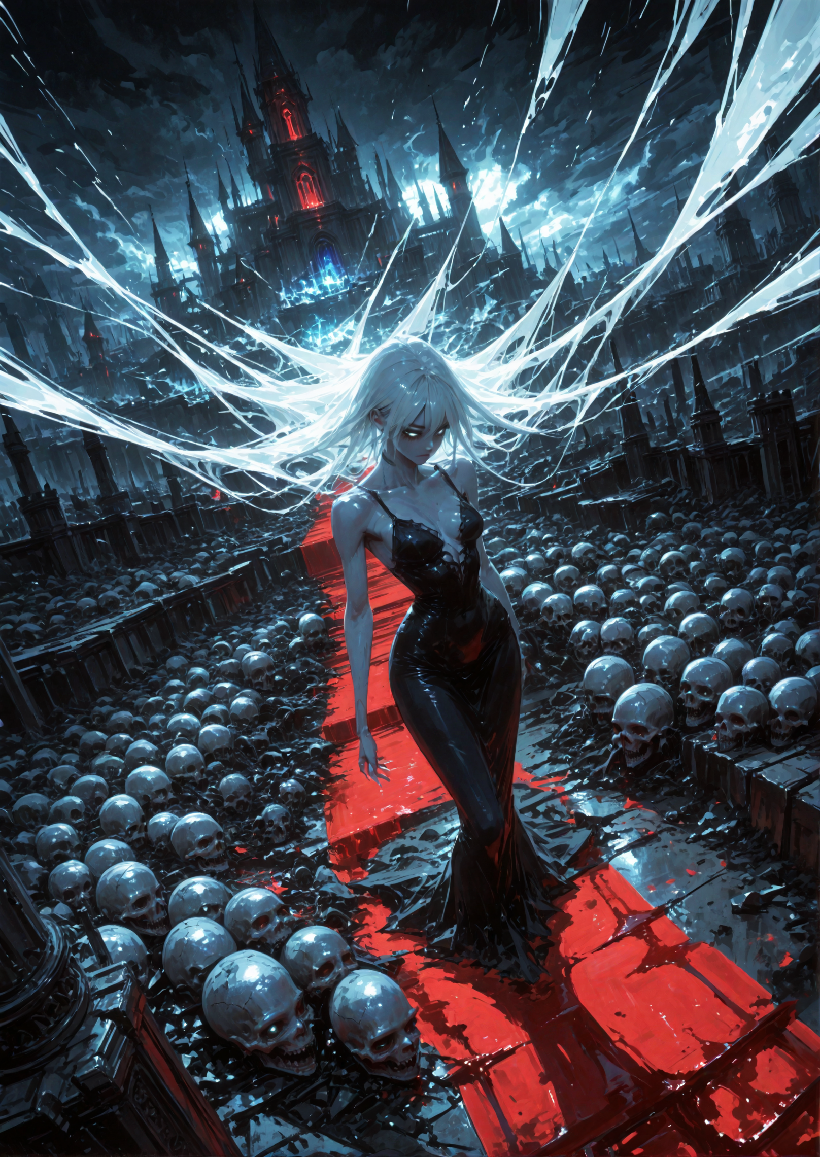 The image is a digital illustration of a vampire goddess with a low perspective, as if the viewer is looking down on everything. She is a tall, statuesque woman whose pale skin, endlessly long white hair and shining silver eyes contrast with the gloomy and dark atmosphere around her. She stands on the steep cliff of her ruined castle, looking down at her subordinates with complete indifference, as if looking through them. Her sexy tight black dress has an endlessly long hem that flows like silk somewhere down, disappearing from view. The dress is decorated with many silver patterns, moving in intricate swirls, as if hypnotizing the viewer. A dark and gloomy aura is visible around her, from which all living things wither and die, including her servants and subjects, whose corpses litter the road she walked on. This aura contrasts with her almost angelic appearance, casting a dark cloud of dark magic over her castle and down to her subjects. Her movements are graceful and elegant, she moves like a messenger of death, whose touch can bring death to all living things. Beneath her feet is a red carpet of blood from the people who stood in her way, whose lifeless bodies lie somewhere behind her.
volumetric lighting, cinematic lighting, aesthetic design, dramatic angle, dutch angle, high angle, dramatic framing, cinematic framing, posing at an angle, extremely sharp focus, unique artistic composition, hight reflection, (maximum ultra-high definition image quality and rendering:1), maximum image detail, maximum realistic rendering, strong reflection
<lora:add-detail-xl:0.6>  <lora:spo_sdxl_10ep_4k-data_lora_webui:0.5>  <lora:USNR STYLE_XL_loha:0.45> <lora:GodsAndMayhemXL:0.9> <lora:748cmSDXL:0.6> <lora:ponyv5_noobV065S_1_adamW:0.65>  <lora:GENESIS_MK0.2:0.55>