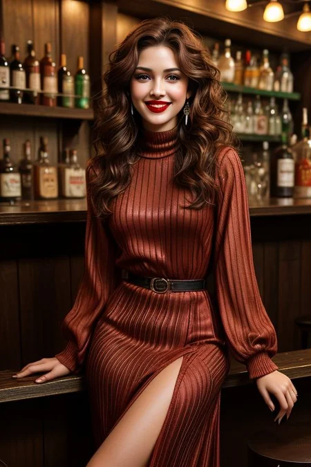1girl,solo,bellissima,long hair,breasts,looking at viewer,smile,brown hair,dress,brown eyes,jewelry,earrings, leaning on the bar, ((huge sagging breasts)), breasts, blush, perfect blue eyes, realistic, from the front, smiling, happy, 1girl, Athletic, drunk, tequila shots, , dark red lipstick, shaved brown hair, pin up, long dress, cleavage, covered nipples, covered nipples, pin up dress, , heels, messy, loving, looking at viewer, black mascara, brown eyes, perfect makeup, in dimly light bar, club, bar,realistic