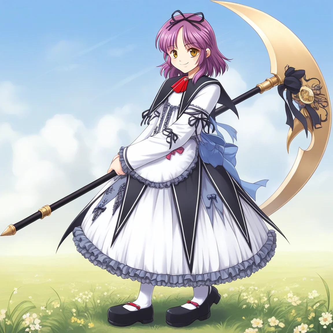 score_9, score_8_up, score_7_up, source_anime, rating_explicit, BREAK <lora:Renne_Bright_XL:1> Renne_Bright, purple hair, medium hair, yellow eyes, hair ribbon, black ribbon,
1girl, solo, scythe, holding scythe, full body, dress,
smile, bow, ribbon, shoes, frills, holding, socks, tachi-e, white dress, red ascot, weapon, brown eyes, standing, mary janes, looking at viewer, white socks,
grassland, blue sky,