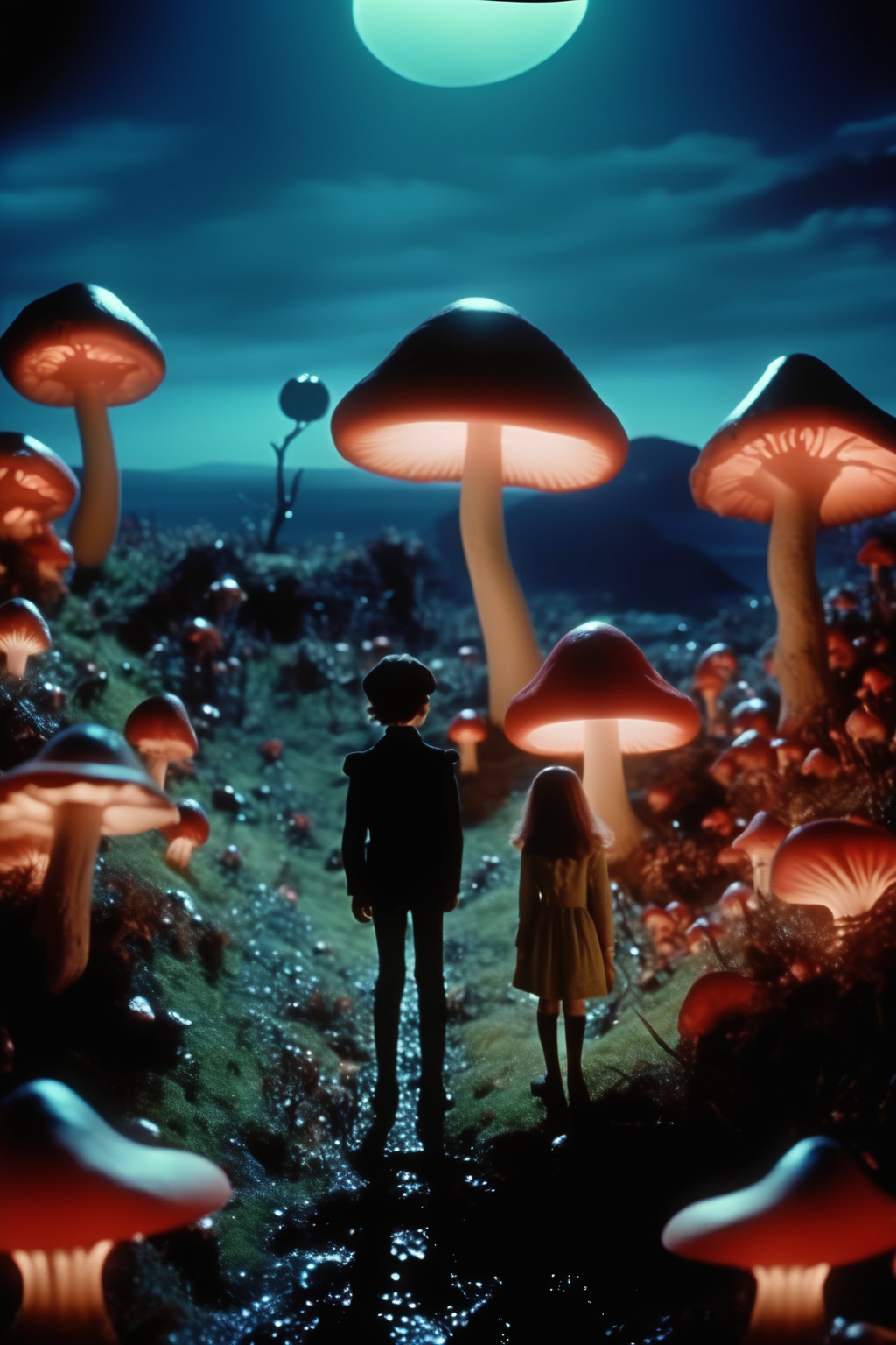 <lora:Director Tim Burton style:1>Director Tim Burton style - film still, 35mm film, natural lighting, practical lighting, high contrast, film grain, color film, : As night falls, the Mushroom Kingdom transforms into a sea of bioluminescent beauty. The glowing mushrooms illuminate the landscape, while the Mushroom Boy and Girl look on from a hilltop, captivatedthe sight