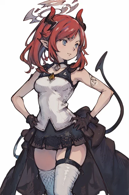 (Yoshida_Akihiko_PonyXL_style_v02.10.01), solo, 1girl, white background, halo, red halo, megu-waistcoat, megu \(blue archive\),blue eyes,red hair,ponytail,horn,hair ornament,pointy ears,halo,demon tail,goggles on head,choker,sleeveless shirt,cleavage,pleated skirt,jacket around waist,thighs strap,single white thighhigh,asymmetrical thighhighs,black boots,gloves, megu-default, tail, demon tail, black skirt, arms on hips, (Bravely Default Style), yoshida akihiko, blue eyes, red halo, chubby face, <lora:pony\char\game\ba\megu_blue archive_PONY_epoch-000020.safetensors>, <lora:pony\style\Yoshida_Akihiko_PonyXL_style_v02.10.01.safetensors>, <lora:styles\yoshida_akihiko_offset.safetensors>, <lora:styles\BravelyDefault.safetensors>, <checkpoint:[Pony] prefectPonyXL_v10.safetensors>, <checkpoint:[SD15] tfmCutesyAnime2_genesis.safetensors>