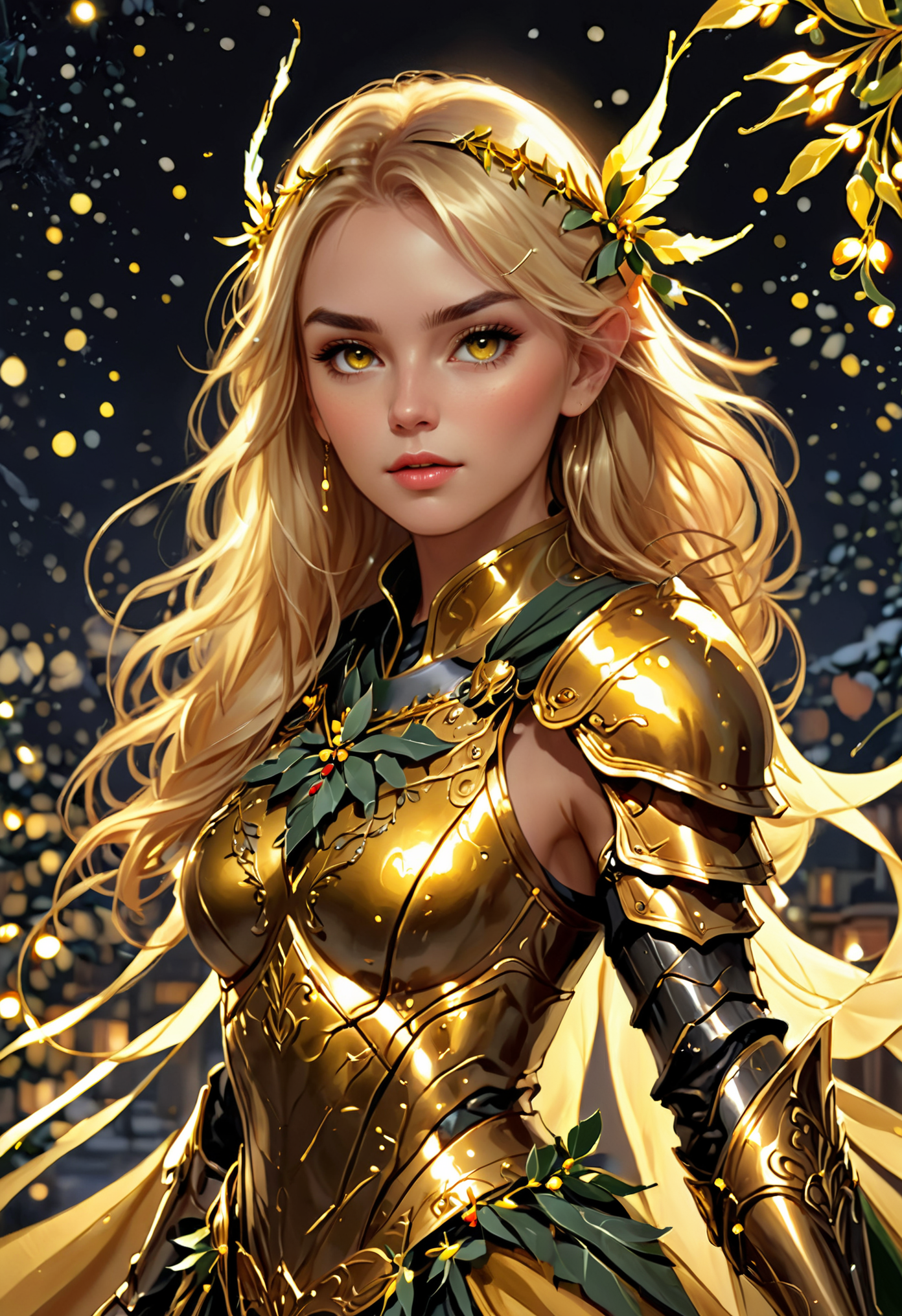 Illustration, elite female soldier, stunning blonde, beautiful mercenary, skilled warrior, gorgeous mstltmrc, wearing golden armor that looks like an elegant dress, (haute couture flowing dress, flowing layered dress that' s actually reactive luminescent armor), intricate details, team yellow, subtly adorned with actual mistletoe, lit by fairy lights, masterpiece, highly detailed, surrounded by fairy lights, (art by WLOP and Phil Noto)