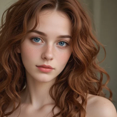 A portrait of a stunning redhead woman with bright and deep red long hair, curly hair that frames her face beautifully, She has clear and luminous blue eyes, smooth and fair skin with a subtle glow and freckles, the expression on her face is a laughter, The lighting is soft and natural, creating a warm and inviting atmosphere. The overall mood is serene and captivating, attention to detail in the texture of her hair and the sparkle in her eyes.