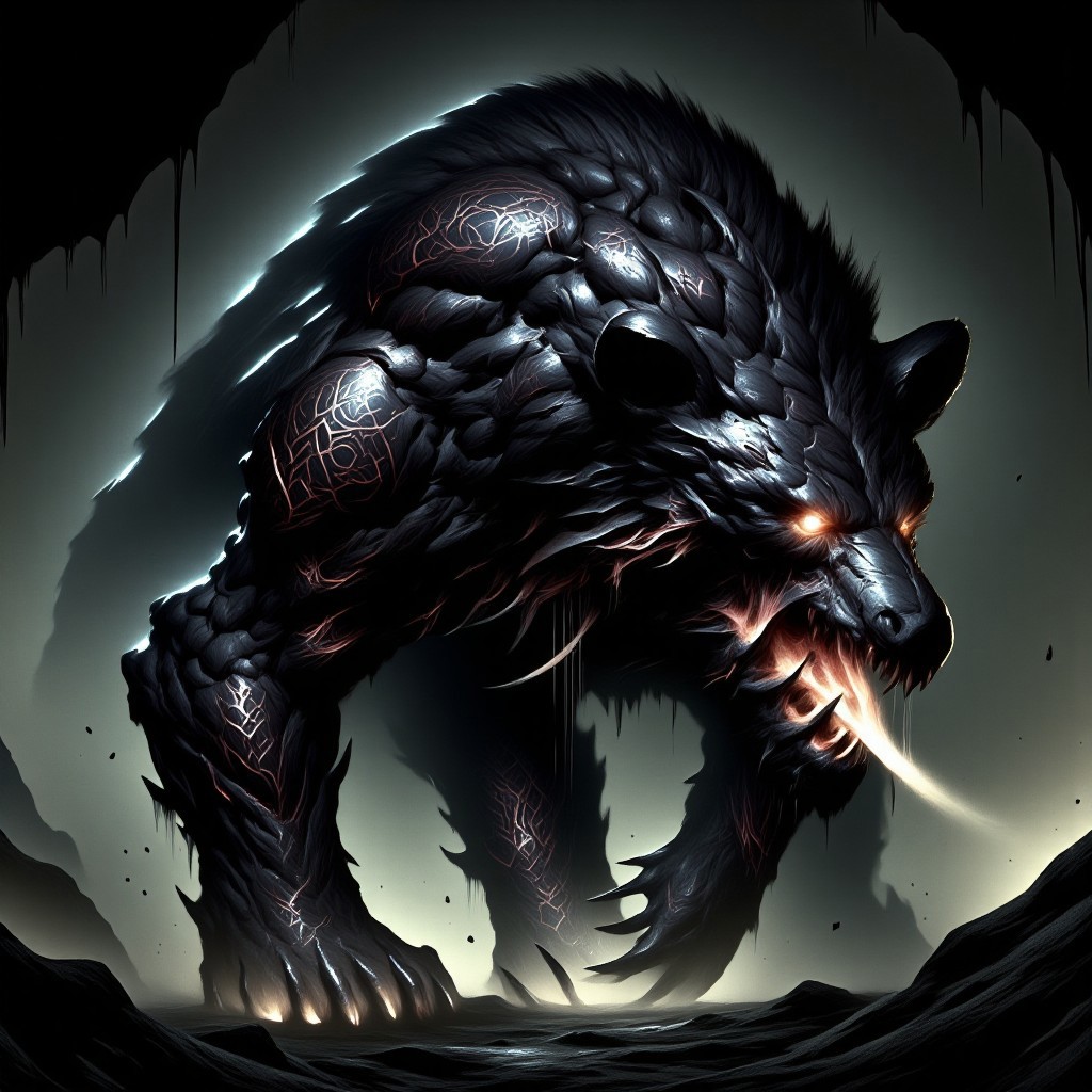 A towering, terrifying black bear emerges from the shadows, its hulking form cloaked in darkness. Muscles ripple beneath its coarse, matted fur, exuding an aura of unstoppable power. Its claws, sharp as razors and gleaming in the dim light, look capable of rending through steel with ease. The bear's maw opens to reveal jagged, blood-stained teeth, each one a lethal weapon in its own right. A low growl emanates from deep within its throat, causing the ground to tremble beneath its feet. Saliva drips from its snarling lips, each drop hissing as it hits the ground, adding to the bear's monstrous, nightmarish presence. Glowing magical runes Cover its body