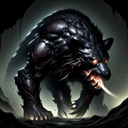 A towering, terrifying black bear emerges from the shadows, its hulking form cloaked in darkness. Muscles ripple beneath its coarse, matted fur, exuding an aura of unstoppable power. Its claws, sharp as razors and gleaming in the dim light, look capable of rending through steel with ease. The bear's maw opens to reveal jagged, blood-stained teeth, each one a lethal weapon in its own right. A low growl emanates from deep within its throat, causing the ground to tremble beneath its feet. Saliva drips from its snarling lips, each drop hissing as it hits the ground, adding to the bear's monstrous, nightmarish presence. Glowing magical runes Cover its body