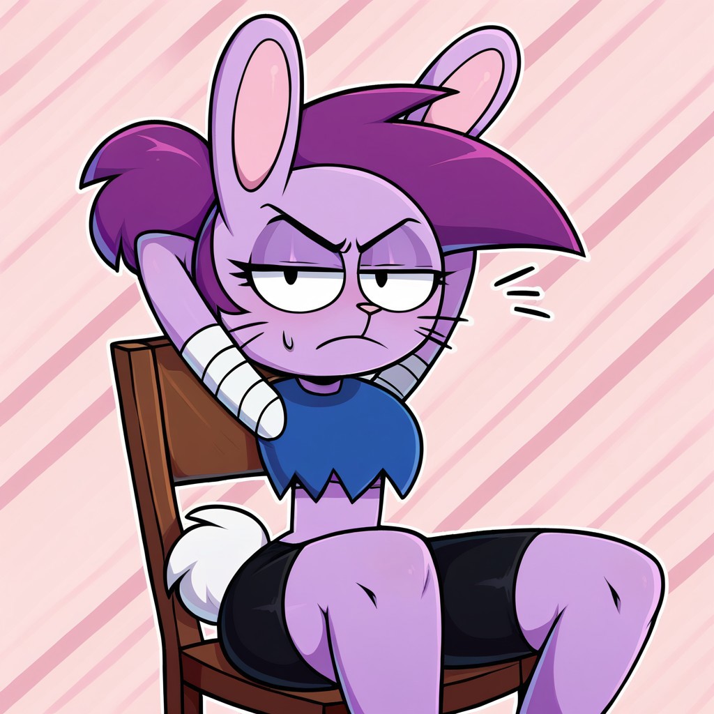 score_9, 1girl, solo, bunny enid, lavender fur, purple hair, blue crop top, upper arm wraps, black shorts, annoyed face, leaning in chair, arms behind head, pattern background