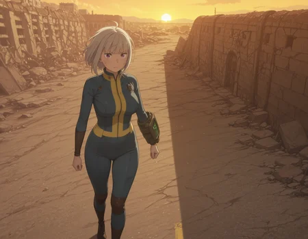1woman,full body, <lora:Emilia_Season_3_appearance_ReZero:1>,emilia (re:zero),white hair,purple eyes,big breasts,short hair,messy hair,dynamic hair,dirty suit,dirty hair, serious,blue jumpsuit, yellow zipper, yellow zipper closed, number,pip-boy on one arm,((((yellow lines)))), fallout \(series\), fallout 4, dessert, ruins, sunset, dynamic angle, <lora:Vaultsuit_with_Pipboy:1>