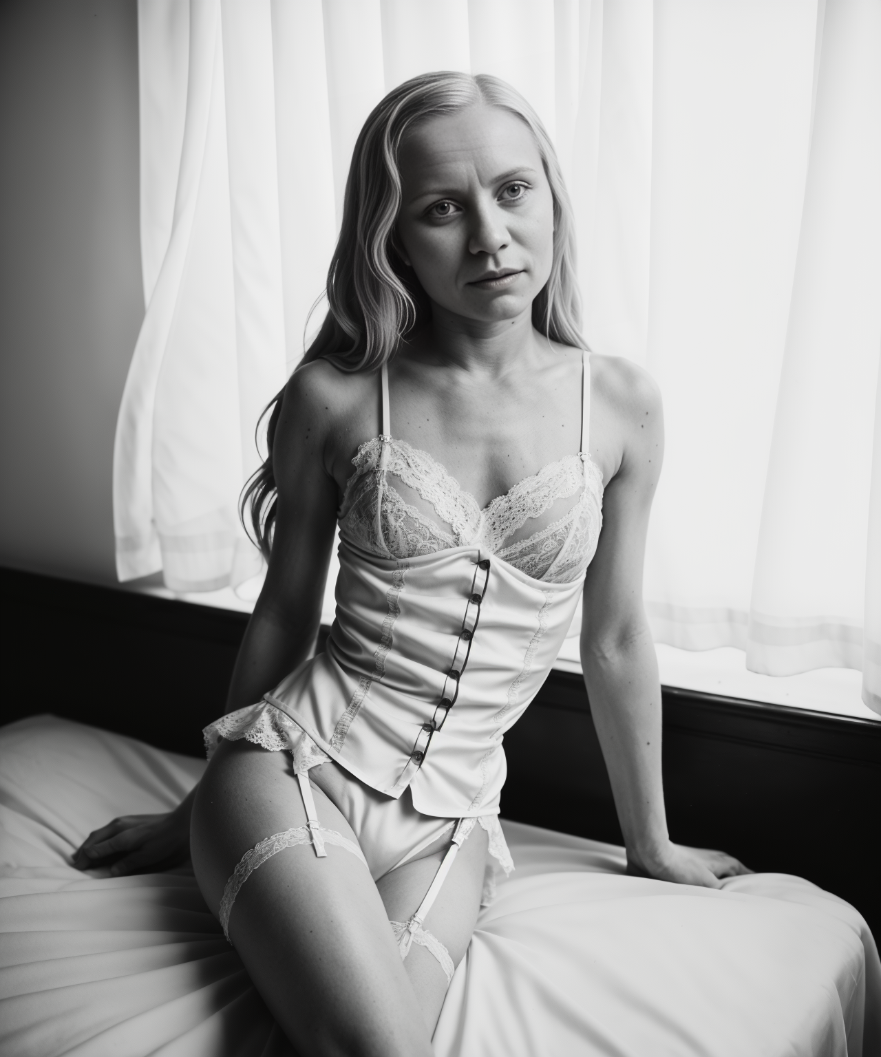 1940's photograph of  jp-SvetaF wearing vintage lingerie mbroidered camisole, high-waisted bloomers, silk stockings with intricate lace garters. Photographed with a Voigtländer Bessa, on Ferrania P30 film