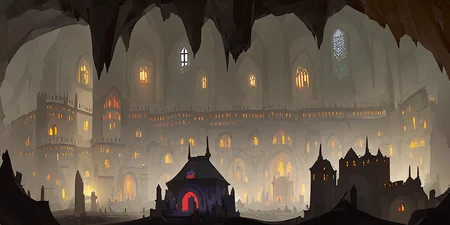 a dark cavernous cave monastery lit by torches and sconces with red blood and dark magical energy surrounded by tombstones and monuments graveyard 512PaintStyle3-Light