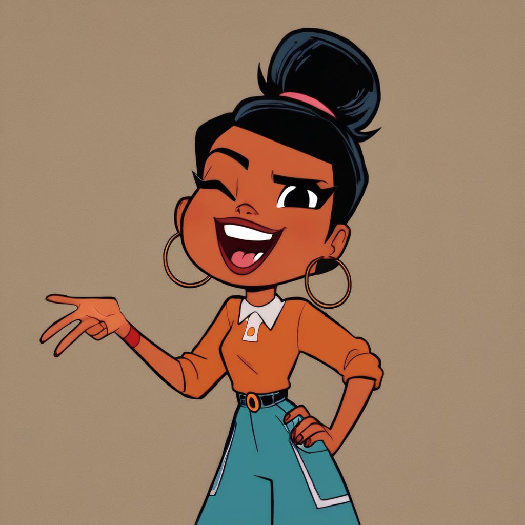 Casey, dark skinned, long hair, black eyes, hoop earring, black hairng_deepnegative_v1_75t,EasyNegativeV2, score_8, score_7, score_6, solo, 1girl, hair bun, wink, tounge out,