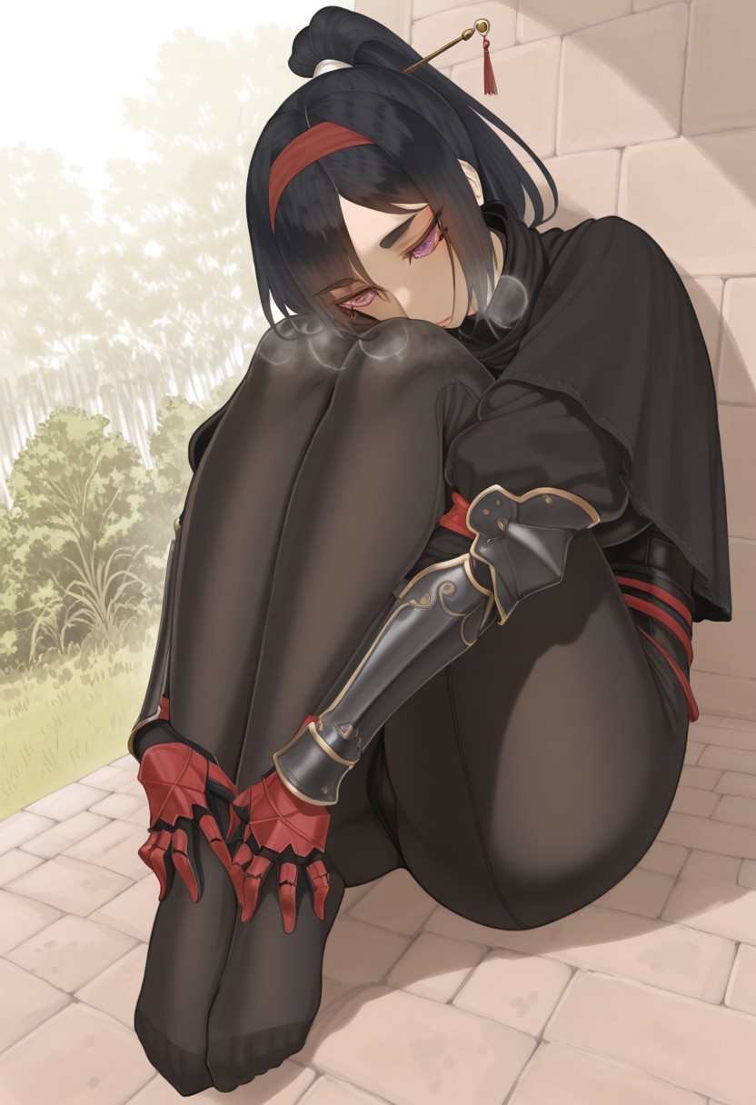 throtem,  outdoors, undershirt, falling feathers, black bodysuit, hair stick, hugging own legs, , gauntlets,   eyeshadow,   red gloves,  high ponytail,  , black capelet, red hairband, pink eyes, 1girl, solo, feet, visible breath,   dynamic angle, foreshortening, smell, steam,