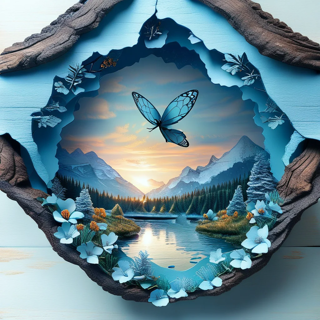 male focus, animal focus, flying, lake, blue eyes, papercut, blue skin, mirror, bug, close-up, flower, winter