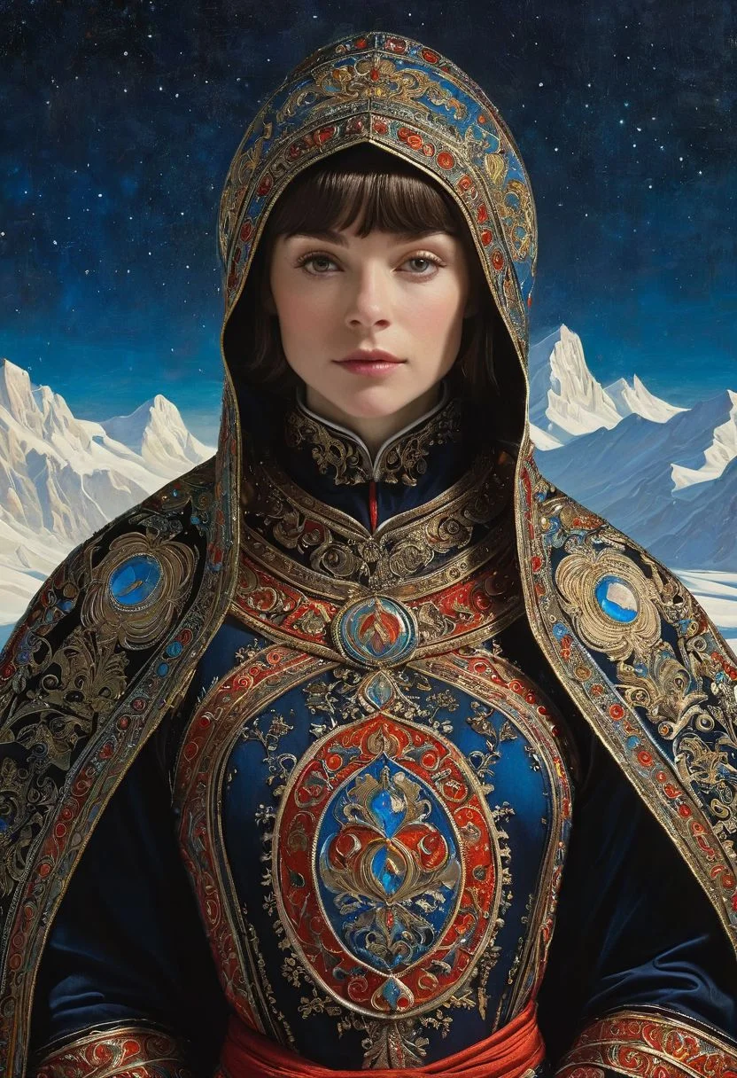 (A pollar bear in monastic clothes with glowing eyes) (ingenious opus magnum by Michael Vincent Manalo and Elvira Vigna:1.2), (pastel oil painting:0.1), high key with glistening light, cosmic anddireful and dramatic atmosphere, (zestful quinacridone nickel azo gold and electricblue color swatch:0.1), raw details, crisp details, bokeh lights, <lora:xl_more_art-full_v1:0.6> ,analog photo, full body,, exposure compensation "-1.5 ev", shutter priority shooting mode, symmetry and balance, focus mode single, spot metering, aesthetic of precisionism, forward-thinking unrivaled opus, meticulous details, healing art atmosphere, depth of field (dof), (anthraquinone blue and red colors:0.1), <lora:MJ52:0.35><lora:hair_with_scenery:1>folk costumes (Carey Hannah Mulligan:1,2) (8k, RAW photo, highest quality), hyperrealistic, intricate abstract, intricate artwork, otherworldly, mesmerizing parallel dimension, gravity defies logic, abstract masterpiece, interplay of floating objects, distorted silhouettes, vivid hues, ethereal light, highly detailed,,,Leica Q2 with Summilux 35mm f/1.2 ASPH, (oil on canvas:0.2), , art by Jeremy Mann, god rays, dramatic light, , (art by Eduard Wilhelm Pose and Master of the Holy Blood and Ivan Bilibin:1.1), (oxygen-rich air and sheltered atmosphere, snowy, aesthetic of hard - edge painting:0.1), symmetry and balance, pioneering unparalleled masterwork with superior details, <lora:MJ52:0.90> <lora:xl_more_art-full_v1:0.4> <lora:RMSDXL_Creative:1>