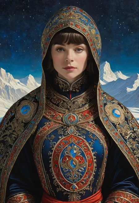 (A pollar bear in monastic clothes with glowing eyes) (ingenious opus magnum by Michael Vincent Manalo and Elvira Vigna:1.2), (pastel oil painting:0.1), high key with glistening light, cosmic anddireful and dramatic atmosphere, (zestful quinacridone nickel azo gold and electricblue color swatch:0.1), raw details, crisp details, bokeh lights, <lora:xl_more_art-full_v1:0.6> ,analog photo, full body,,  exposure compensation "-1.5 ev", shutter priority shooting mode, symmetry and balance, focus mode single, spot metering, aesthetic of precisionism, forward-thinking unrivaled opus, meticulous details, healing art atmosphere, depth of field (dof), (anthraquinone blue and red colors:0.1), <lora:MJ52:0.35><lora:hair_with_scenery:1>folk costumes (Carey Hannah Mulligan:1,2) (8k, RAW photo, highest quality), hyperrealistic, intricate abstract, intricate artwork, otherworldly, mesmerizing parallel dimension, gravity defies logic, abstract masterpiece, interplay of floating objects, distorted silhouettes, vivid hues, ethereal light, highly detailed,,,Leica Q2 with Summilux 35mm f/1.2 ASPH, (oil on canvas:0.2), , art by Jeremy Mann, god rays, dramatic light,    ,  (art by Eduard Wilhelm Pose and Master of the Holy Blood and Ivan Bilibin:1.1), (oxygen-rich air and sheltered atmosphere, snowy, aesthetic of hard - edge painting:0.1), symmetry and balance, pioneering unparalleled masterwork with superior details, <lora:MJ52:0.90> <lora:xl_more_art-full_v1:0.4> <lora:RMSDXL_Creative:1>