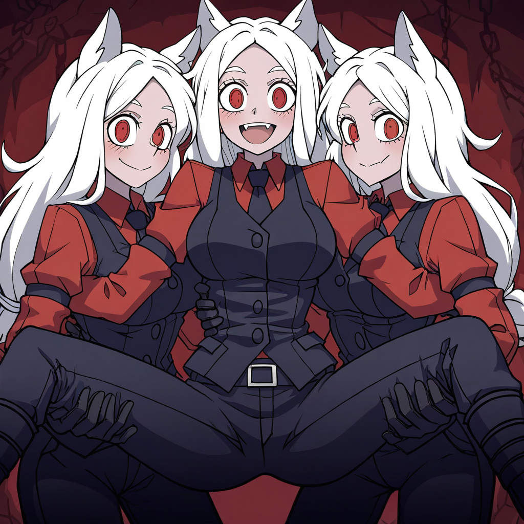 masterpiece, best quality, newest, absurdres, highres, anime, anime style, HB2-V1.0, held, held up, held from behind, HB2G, Held by 2 girls, 3girls, cerberus \(helltaker\), white hair, animal ears,