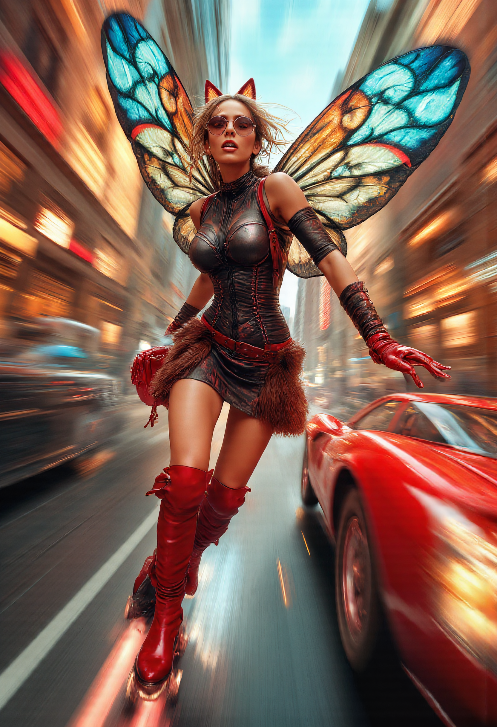 illustration of a Urban fantasy, a stunning 20-year-old woman, with light skin, running at full speed on roller skates in a dynamic pose while her hair moves back in the wind, frantically flapping her (coloured, huge and semi-transparent) insect wings, generating a powerful blur that distorts everything around it. She wears a stylized corset and tight-fitting turtleneck shirt, a short printed skirt, and crimson high-heeled boots with fur trim. Her red, cat-like ears peek through her flowing hair, and round sunglasses add to her eye-catching style. In her hand she carries a red bag whose strap drags in the wind. The city street scene is an avalanche of very blurry buildings, a speeding crowd, and very blurry flashes of a red vintage sports car, all of which emphasize its movement. The vibrant color palette features warm tones with hints of scarlet and teal, blending into the kinetic scene. The perspective is dynamic and tilted, increasing the feeling of high speed, with strong lights and shadows adding depth. The atmosphere is electrifying, bold and elegant, rendered in a digital painting style with a focus on the realistic texture of its clothing, fur and skates, while its enormous wings and strong surrounding blur create a sense of frenetic energy.
