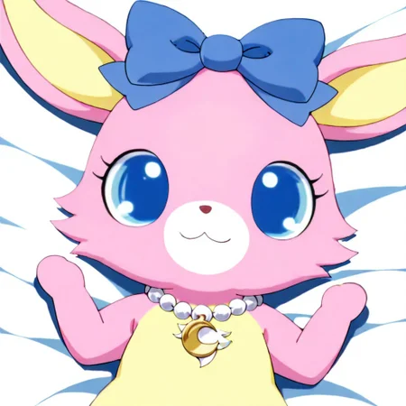 1 girl,luna (jewelpet),luna,jewelpet, furry, no human, pink fur,blue eyes, ((yellow chest tuft)),rabbit,jewelry,centered hair bow,necklace,neck white pearl necklace,neck blue crescent moon-shaped moonstone, on bed, lying,
masterpiece, best quality, amazing quality