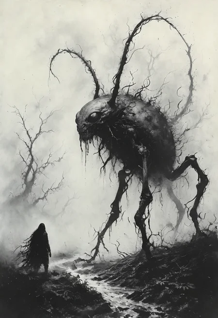 (masterpiece, best quality, hyper detailed, ultra realistic, 32k, RAW photo), masterful painting in the style of Anders Zorn | Marco Mazzoni | Yuri Ivanovich, Todd McFarlane, oil on canvas, perfect composition and chiaroscuro by Rembrandt, concept art by Mariusz Lewandowski, by Louis Aston Knight, by Karine Eibatova, by John Howe, by Jessica Rossier, by JarosÅaw JaÅnikowski, by Inessa Garmash, by Henriëtte Ronner-Knip, by Harumi Hironaka,famous artwork inspired by (igor sid:1.2) and (swoon:1.3) and (winona nelson:1.4), detailed expressive eyes, fantasy style, (fractal art:0.4), beware this otherworldly glowing invertebrate abomination aptly named "frantic doodlezoink" with its countless legs, this exotic and deadly poisonous creature roams the bioluminescent hurlydurlshroom forests and foggy prodimanting jungles of its alien world "quizznof iv", where gigantic gobblefunk and towering trees infroggle the ground <lora:Desolation:0.8> <lora:add-detail-xl:0.8>