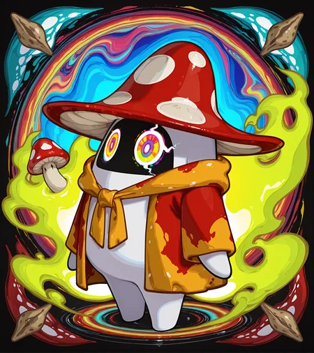 masterpiece, best quality, solo, bangboo, standing, full body, amanita mushroom bangboo, mushroom big red hat, white body, multicolored circular eyes, psychedelic multicolored background, hippie robe, hallucination, fractal, luminescent, lsd, limitless energy flow, vintage artwork, yoneyama mai, <lora:bangboo-v2-illustrious:1>