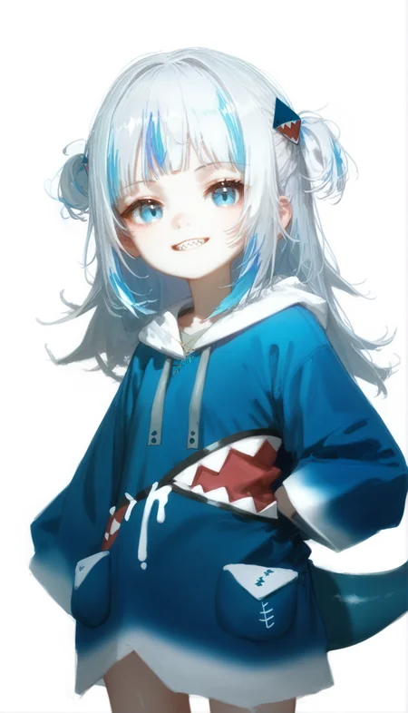 <lora:gawr_gura_sdxl_pony.safetensors:1.0:1.0>score_9,score_8_up,score_7_,up,gawr gura, blue hoodie, two side up, shark hair ornament, shark tail,gawr_gura, 1girl, solo, long_hair, looking_at_viewer, smile, bangs, hair_ornament, long_sleeves, white_background, blue_hair, grey_hair, multicolored_hair, teeth, artist_name, virtual_youtuber, hood, hair_over_one_eye, two_side_up, sketch, streaked_hair, blood, hoodie, sharp_teeth, blue_hoodie, shark_hair_ornament, shark_hood