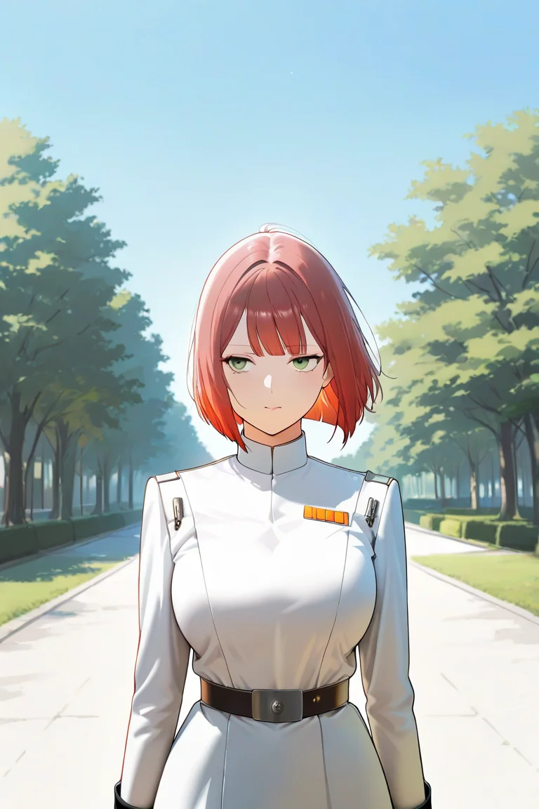 Masterpiece, excellent quality, incredible quality.
A girl, alone, <Yuri>, adult woman, short hair, straight bob cut, straight hair, red hair, straight bangs, green eyes, large breasts.,
<imperial_uniform>, <imperial_officer_white>, Imperial Uniform, white jacket, belt, black trousers, rank plate, black boots.,
High resolution, highly detailed, ultra-detailed, detailed eyes. Outdoors, park, trees, gust of wind. Standing, front view., Masterpiece, excellent quality, incredible quality.