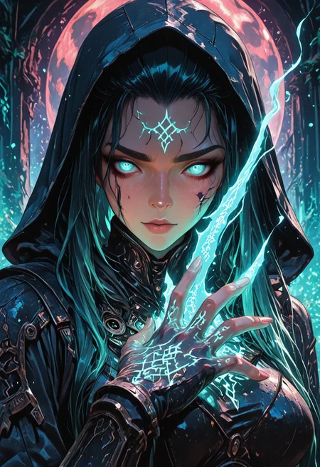 (masterpiece), (best quality), (8k), 1girl, portrait view, glowing spell in hand, magical glyphs, glowing runes, runic tattoos, cinematic lighting, soft glow on face, floating particles, mystical blue light, long flowing hair, arcane armor, glowing eyes, calm expression, powerful presence, magical energy swirling, hood pulled back, winter ruins background, red moon behind, high detail face, chest-up shot, large breasts, hands holding a spell, magic in hands,
Looking at viewer, ((Front View)), Detailed face, face detail, face focus,