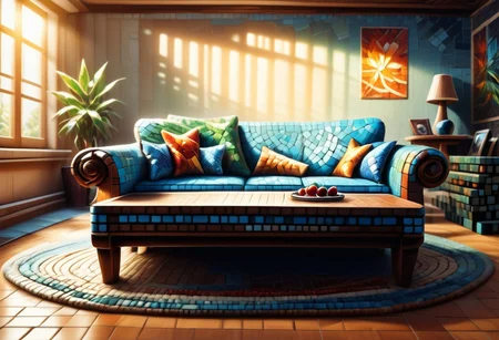 a jigsaw puzzle on the table with pictures of bunny and turtle sitting, living room, dynamic lighting