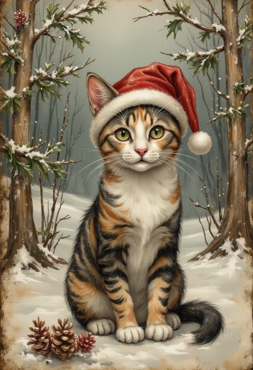 A photo-realistic depiction of a slender, calico cat with a mix of white, orange, and dark black fur, sitting serenely in a snowy pine forest, surrounded by towering trees with snow-covered branches, and a gentle dusting of snow on the forest floor, with the cat wearing a miniature, crimson-red Santa hat, its bright, curious eyes gazing directly at the viewer, its whiskers twitching slightly, its fur fluffed up against the cold, its ears perked up and slightly tilted, conveying a sense of playfulness and festive cheer. aidmavintagechristmaspaper