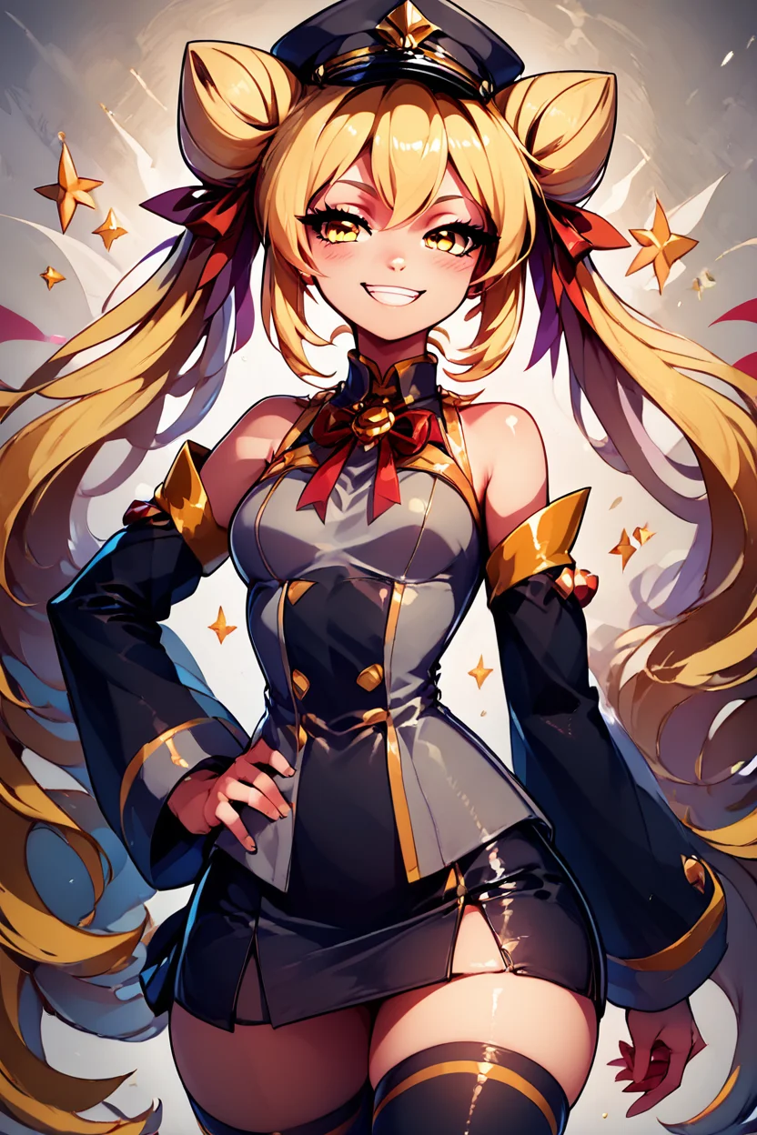 score_9, score_8_up, score_8, medium breasts, (curvy), cute, eyelashes, BREAK, , zzGiratanya, yellow eyes, long hair, blonde hair, twintails, cone hair bun, double bun, hair bun, black military hat, grey military uniform, black skirt, thighhighs, long sleeves, ribbon, bare shoulders, hair ribbon, detached sleeves, hand on hip, smile, smug, <lora:Giratanya_CitronOC_PDXL_v2:0.8>,, BREAK, smile, looking at viewer, ,,, abstract background, white outline, cowboy shot, ,,, embedding:zPDXL, Expressiveh, ,,, <lora:CatalystStylePDXL:0.6>, <lora:SDXLFaeTastic2400:0.5>, <lora:Expressive_H-000001:0.4>,