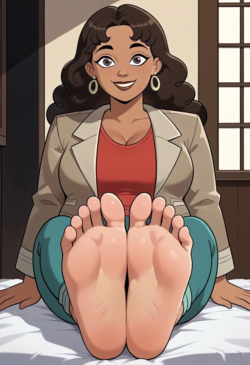 score_9, score_8_up, score_7_up, score_6_up, score_5_up, score_4_up, source_anime, BREAK, (masterpiece:1.4), (best quality:1.2), expressive eyes, perfect face, 5 toes in left foot, 5 toes in right foot, (perfect anatomy), (accurate anatomy), perfect feet, perfect soles, 1 girls, feet, soles, toes, foot focus, front view, smile, cute expression, clean feet, sitting, hands on ground, showing feet, barefoot, PONYXL_WaifuFeetPics_ownwaifu, dark brown hair, dark brown eyes, brown lips, lipstick, light brown jacket, pinkish red shirt, blue pants, earrings, dark skin, total drama, Millie_(Total_Drama), big breasts, plump, <lora:e9bfee19-d988-4872-866b-5e49203a482f:0.8>, <lora:12de6fd5-f849-42f5-bb01-93efa3766c7f:0.8>