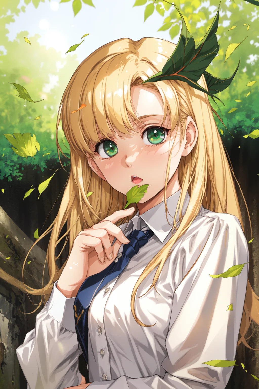 (masterpiece, best quality, highres, absurdres),<lora:GoodHands-vanilla:1.5>, 1girl, solo, green eyes, long hair, looking at viewer, blonde hair, shirt, white shirt, holding hair, upper body, sunlight, holding, branch, long sleeves, blurry, dappled sunlight, covering mouth, leaf, bangs, light particles, depth of field, covered mouth, blurry background, parted bangs, outdoors, <lora:UrushiharaSatoshi:0.7> , urushiharas,