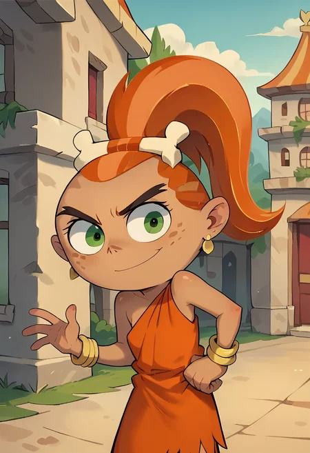 score_9, score_8_up, score_7_up, masterpiece, 1girl, ctianf4ng, earings, bracelet, orange dress, looking at viewer, outdoors, <lora:fang_barbarian_pony_ct:1>