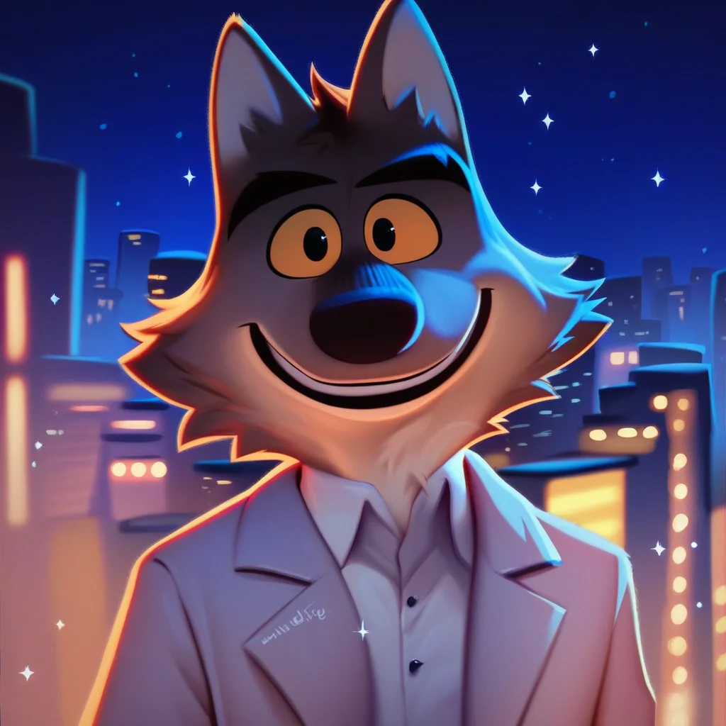 score_9, score_8_up, score_7_up, solo, mr wolf, bg, furry, dark, night, city, detailed background, looking at viewer, smile, sparkle, cute:1.3, chibi