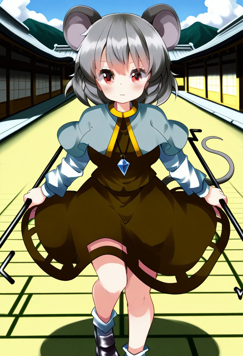 ruu style, (japanese village), (feudal japan), daytime, 1girl, solo, neutral gaze, closed mouth, ((large breasts)), looking at viewer, ((nazrin)), red eyes, grey hair, short hair, mouse ears, mouse tail, pendant, grey capelet, brown dress, long sleeves, white sleeves, ((holding dowsing rod)) ((legs)), white socks, black footwear