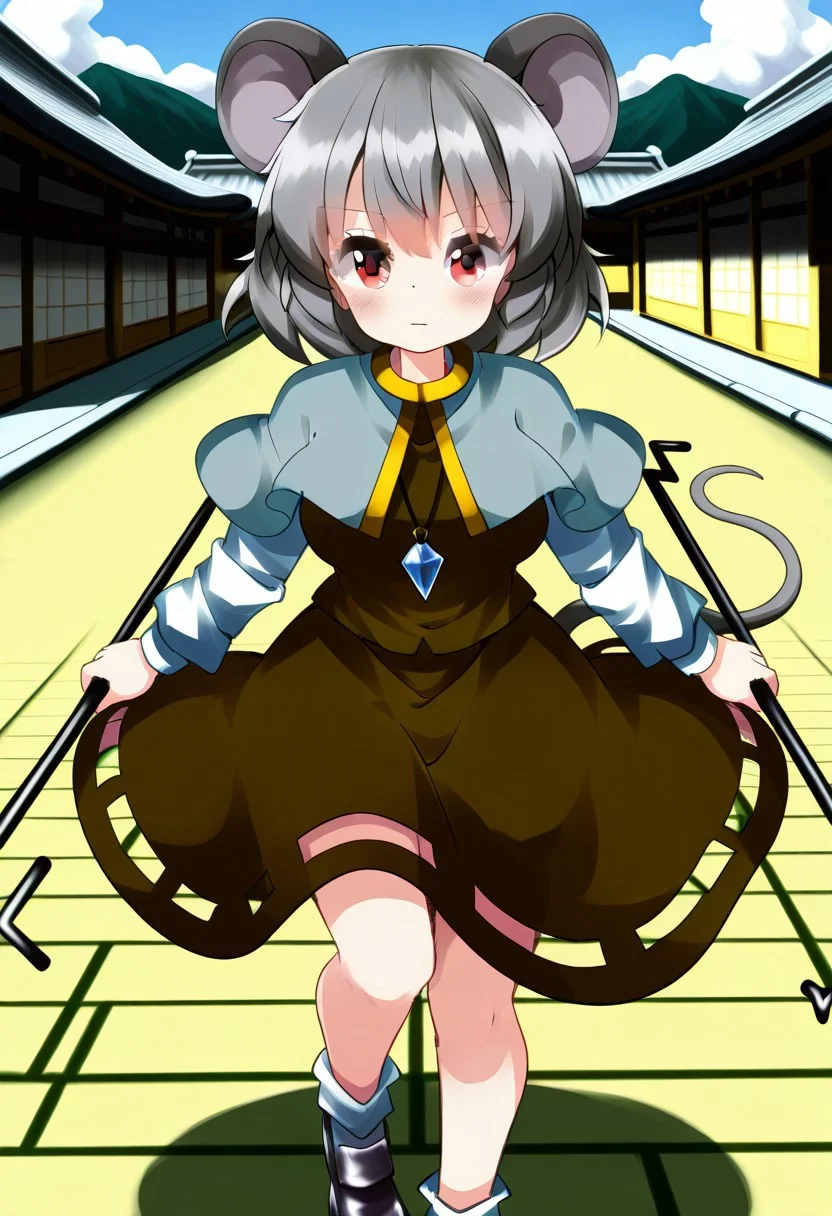 ruu style, (japanese village), (feudal japan), daytime, 1girl, solo, neutral gaze, closed mouth, ((large breasts)), looking at viewer, ((nazrin)), red eyes, grey hair, short hair, mouse ears, mouse tail, pendant, grey capelet, brown dress, long sleeves, white sleeves, ((holding dowsing rod)) ((legs)), white socks, black footwear