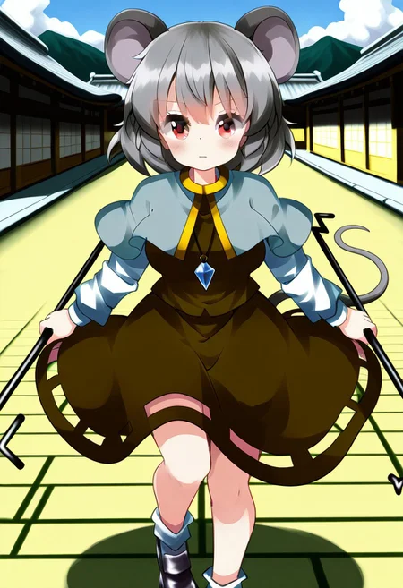 ruu style, (japanese village), (feudal japan), daytime, 1girl, solo, neutral gaze, closed mouth, ((large breasts)), looking at viewer, ((nazrin)), red eyes, grey hair, short hair, mouse ears, mouse tail, pendant, grey capelet, brown dress, long sleeves, white sleeves, ((holding dowsing rod)) ((legs)), white socks, black footwear