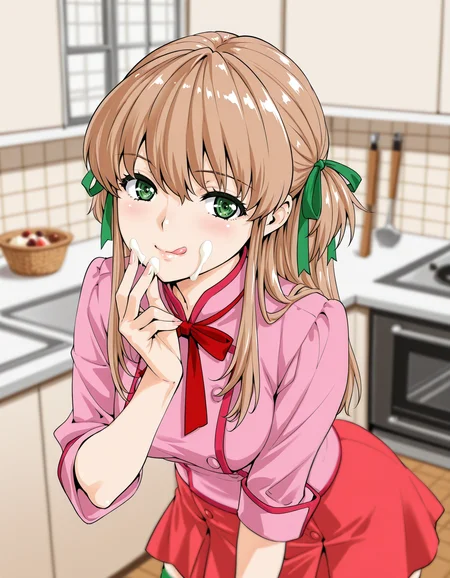 <lora:tsukino-yakitate-illustrious-000010:0.9> azusagawa tsukino, hair ribbon, (red neckwear:0.8), patissier, pink shirt, skirt, (red skirt:0.8), thighhighs, licking lips, cream on face, upper body, kitchen, depth of field