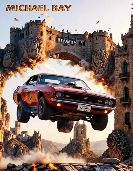 movie still, action shot, low angle, front view, one VintageMuscleCar mid-air performing jump off of tower, towards camera, detailed license plate with text "Michael BAY", gothic architecture, cracked stone, action scene, dynamic, smoke, cliff face, particles, sunset, directed by Michael Bay, cinematic, high speed shot, film grain, highly detailed, 4k <lora:_general\xl_Creat0r_MagicDetailzV2_FIX:0.40> <lora:_general\xl_spo_sdxl_10ep_4k-data_lora_webui:0.50> <lora:art_style\xl_VintageMusclecar-XL:0.80>