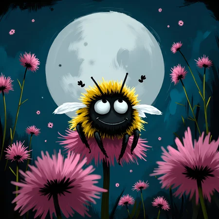 candid , upper body, cinematic lighting, dutch angle, 8mm Fisheye Lens. whimsicalart, darkfairytale, (moonlightart:1.2), (whimsical illustration:1.2), dreamy, moody, fantasy, magic.  (extreme closeup portrait of a cute little bumblebee sleeping well on a midnightflower on a beautiful meadow under the full moon:1.1).  completely satisfied face expression with a hint of a smile, (beautiful closed eyes:1.1), spooky atmosphere.   masterpiece of fun.  brilliant dark collors, volumetric lighting, god rays.  , <lora:30 style\flux Dark Whimsical Art v1 ()>, <lora:30 style\flux MOONZ WILD v1 ():0.5>, , , , ,