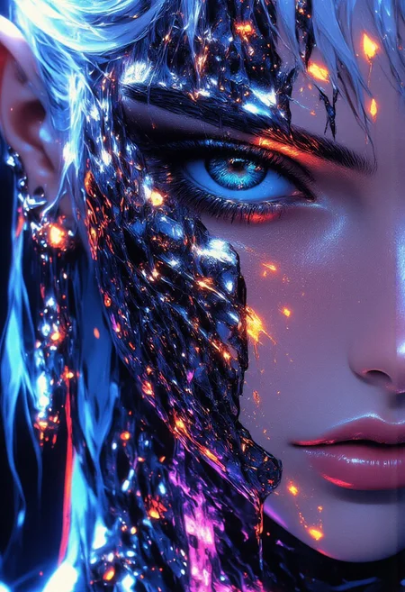 ((aidmaimageupgrader, aidmaMJ6.1, ne0nfant4sy)), A hyper-realistic, face close-up portrait of a woman with striking, very short white hair, side-trimmed and expertly side-faded, facing the viewer with an expression that conveys both strength and mystery. Her eyes are partially closed, exuding a futuristic, serene presence. The left side of her face is adorned with an intricately detailed chrome mold, seamlessly integrated into her skin, partially covering her left eye. The chrome mold, designed with over 10,000 razor-thin chrome lines, extends outward in straight, rigid formations, resembling molten cheese strands but with a sleek, metallic finish. The chrome has a high-polished, reflective surface that catches and refracts an ethereal, neon-blue and magenta glow, adding a surreal touch. Sparkles embedded within the mold enhance its futuristic, otherworldly essence. Some sections of the chrome are semi-solid, with metallic drips that flow down her face in fluid dynamic patterns, suggesting a seamless merge between technology and organic form. Subtle holographic projections trace the edges of the chrome, emitting faint, pulsating neon symbols and geometric shapes that flicker and shift, adding layers of surrealism. The top of her head is in frame, showcasing the intricate chrome details, while the body remains out of frame, keeping focus on the striking, surreal facial composition that blends technology with artistic surrealism.