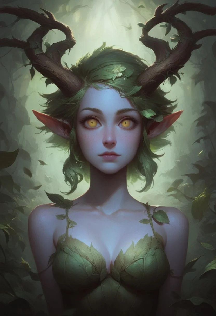 score_9, score_8_up, score_7_up, BREAK, 1woman, cowboy-shot, dramatic lights, clear eyes, sharp eyes, high quality eyes, high resolution eyes, detailed eyes, looking at viewer, eye contact, ((Dryad, Faun, Satyr,, beautiful, detailed face, beautiful face, blue skin, horns, golden eyes, green hair, leaves in hair, leaves, wooden horns))