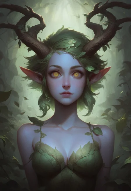 score_9, score_8_up, score_7_up, BREAK, 1woman, cowboy-shot, dramatic lights, clear eyes, sharp eyes, high quality eyes, high resolution eyes, detailed eyes, looking at viewer, eye contact, ((Dryad, Faun, Satyr,, beautiful, detailed face, beautiful face, blue skin, horns, golden eyes, green hair, leaves in hair, leaves, wooden horns))