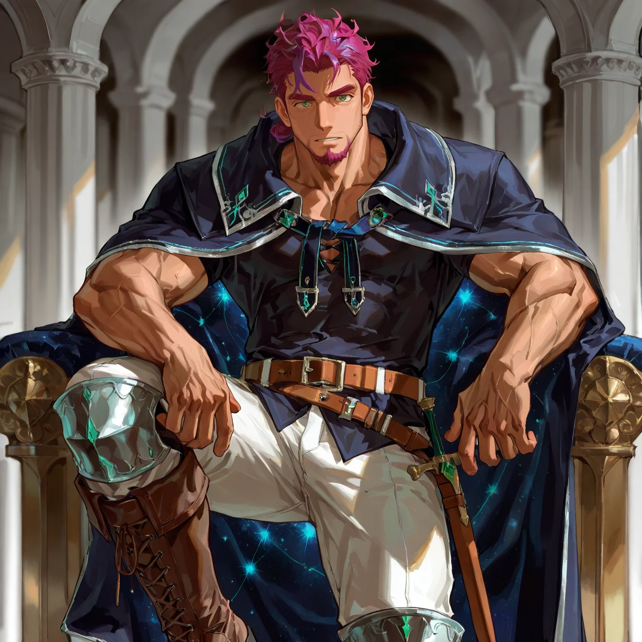 <lora:Magnus_Alchemist_Code-000004:.5> tagatamemagnus, 1boy, magenta color hair, short hair, tied hair, green eyes, solo, muscle body, male focus, manly, mature male,, cape, shirt, belt, pants, boots
(very short hair, beard, bara, mature, facial hair, stubble, beard, full beard, sideburn, beard, a lot of beard, ), facial hair,male focus, muscular male, muscular male, bara, mature, bara, mature, aixiwuganda_(20222192), very awa, masterpiece, best quality, absurdres, newest, perfect quality, detailed background, intricate details,
<lora:slider_Body Type_alpha1.0_rank4_noxattn_last:3><lora:Anime Summer Days 2 Style SDXL_LoRA_Pony Diffusion V6 XL:.6><lora:slider_cfg_scale_boost:.7><lora:Artist6p:.55>, Artist6p, Artist04p,<lora:slider_il_brightness_slider_d1:-1><lora:slider_il_contrast_slider_d1:-1><lora:slider_DarkSlider1.2_alpha1.0_rank16_full_300steps:-.6>