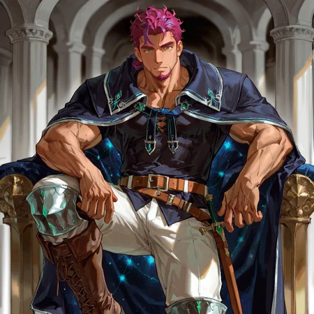<lora:Magnus_Alchemist_Code-000004:.5> tagatamemagnus, 1boy, magenta color hair, short hair, tied hair, green eyes, solo, muscle body, male focus, manly, mature male,, cape, shirt, belt, pants, boots
(very short hair, beard, bara, mature, facial hair, stubble, beard, full beard, sideburn, beard, a lot of beard, ), facial hair,male focus, muscular male, muscular male, bara, mature,  bara, mature, aixiwuganda_(20222192), very awa, masterpiece, best quality, absurdres, newest, perfect quality, detailed background, intricate details,
<lora:slider_Body Type_alpha1.0_rank4_noxattn_last:3><lora:Anime Summer Days 2 Style SDXL_LoRA_Pony Diffusion V6 XL:.6><lora:slider_cfg_scale_boost:.7><lora:Artist6p:.55>, Artist6p, Artist04p,<lora:slider_il_brightness_slider_d1:-1><lora:slider_il_contrast_slider_d1:-1><lora:slider_DarkSlider1.2_alpha1.0_rank16_full_300steps:-.6>