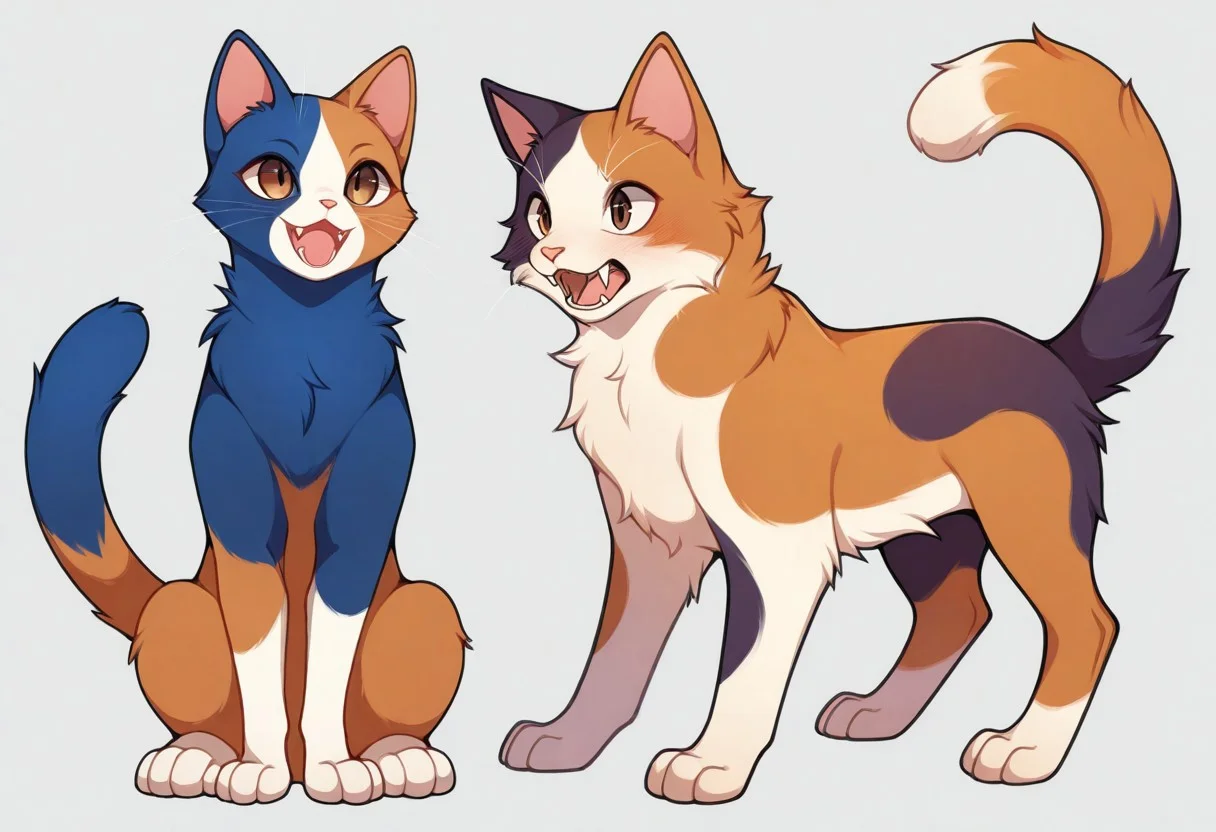 masterpiece, best quality, amazing quality, detailed, illumination, high detail, high-quality, detailed lighting, very aesthetic, absurdres, warm lighting, high detail, soft shading,
s3v1yummy,
feral, male, digitigrade, on hind legs,
1boy, (domestic cat, feline, ((feral)), (quadruped), felis, calico cat, feline snout, crispy snout fur, feline anatomy, tricolor, (brown fur), (dark blue fur), (light hazel fur), (color divided fur), (fur segmented), (face fur segmented:1.2), segmented ears fur), eyes light hazel, (chest light hazel), (light hazel paws), pawpads pink, irregular rings tail, brown eyes, fuzzy fur, ((animal fur not hair)), (((small))), ((fangs:1.3)), 4 feet toes),
character sheet, reference sheet,
simple background, (sketch)