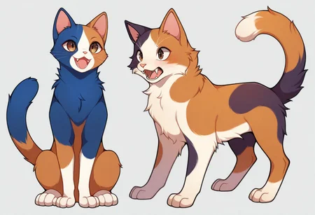 masterpiece, best quality, amazing quality, detailed, illumination, high detail, high-quality, detailed lighting, very aesthetic, absurdres, warm lighting, high detail, soft shading,
s3v1yummy,
feral, male, digitigrade, on hind legs,
1boy, (domestic cat, feline, ((feral)), (quadruped), felis, calico cat, feline snout, crispy snout fur, feline anatomy, tricolor, (brown fur), (dark blue fur), (light hazel fur), (color divided fur), (fur segmented), (face fur segmented:1.2), segmented ears fur), eyes light hazel, (chest light hazel), (light hazel paws), pawpads pink, irregular rings tail, brown eyes, fuzzy fur, ((animal fur not hair)), (((small))), ((fangs:1.3)), 4 feet toes),
character sheet, reference sheet,
simple background, (sketch)