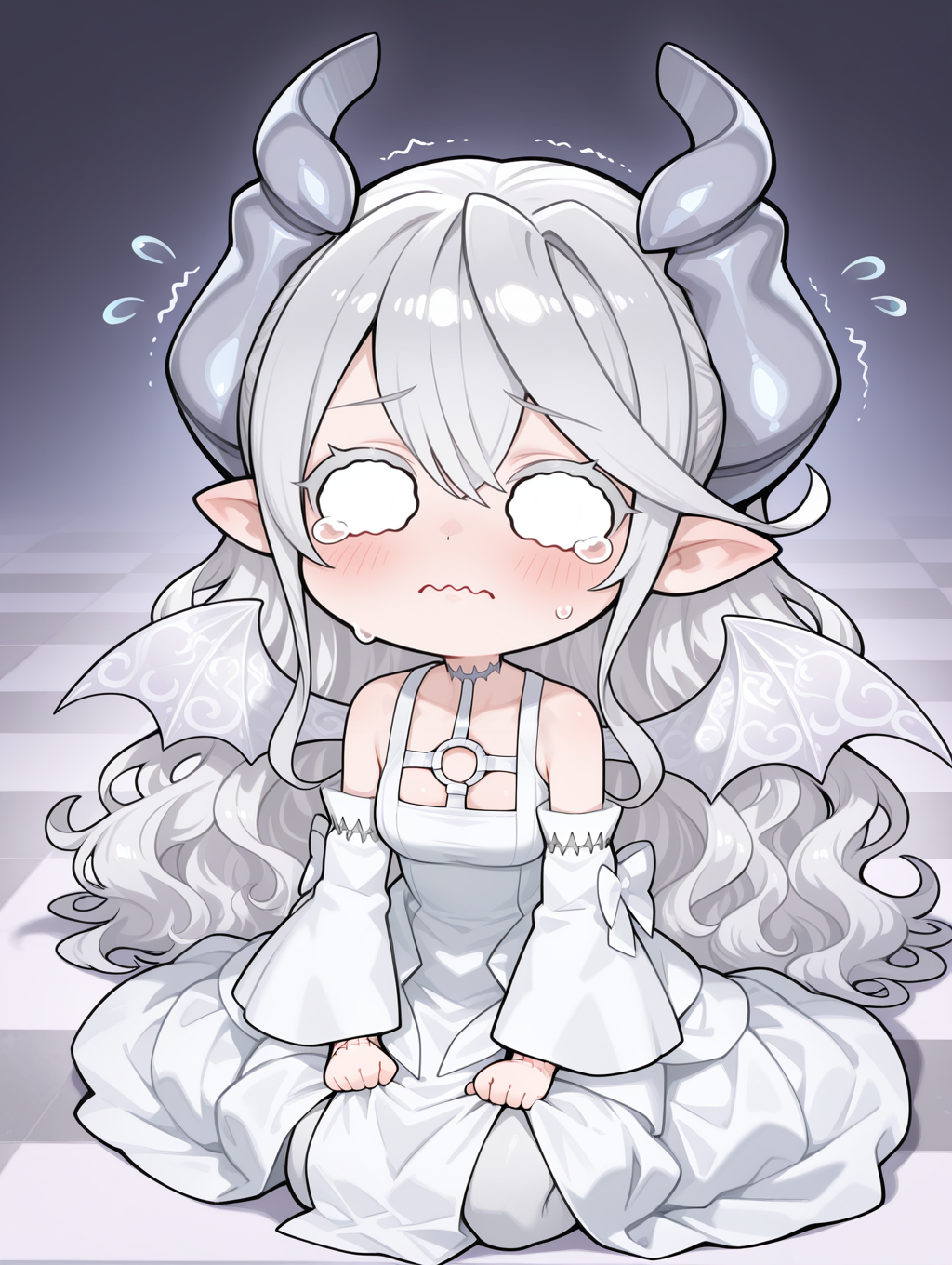 demon girl,lovely labrynth of the silver castle,1girl,solo,very long hair,tears,blush,transparent demon wings,wavy mouth,closed mouth,chibi,o o,wavy hair,white detached sleeves,white o-ring dress,stitches,checkered floor,
masterpiece,best quality,amazing quality,very aesthetic,absurdres,newest,<lora:Lady Labrynth of the Silver Castle illuXL v1:0.75>,stitches,