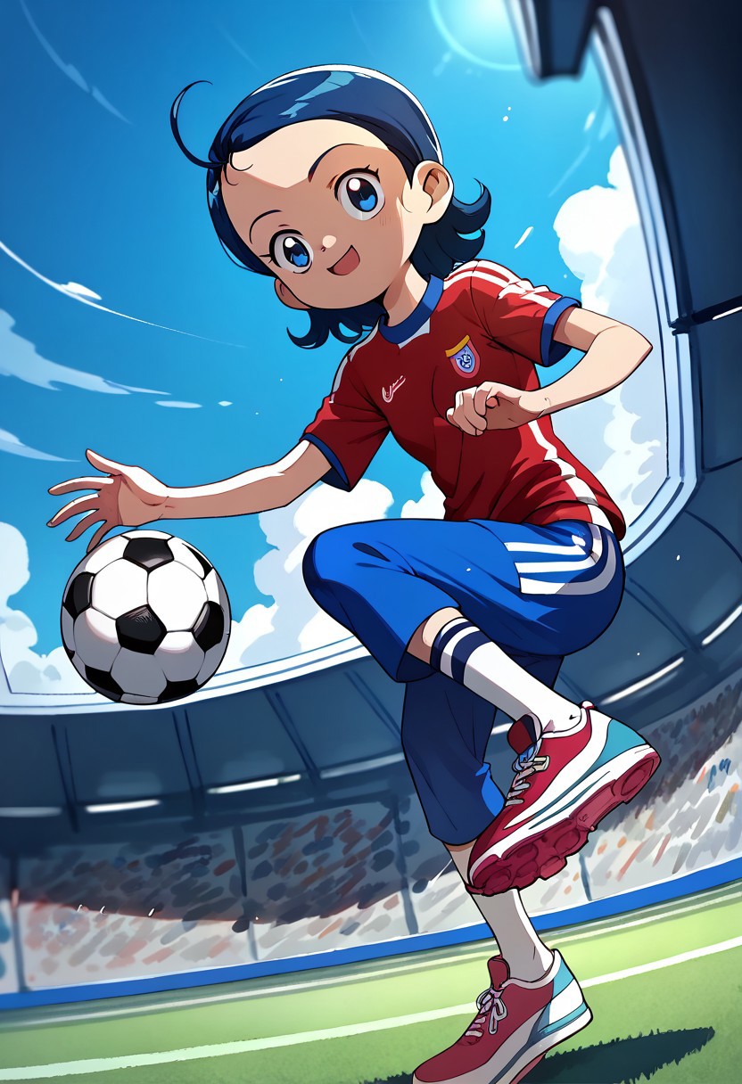 score_9, score_8_up, score_7_up BREAK Aiko1, 1girl, short blue hair, blue eyes, soccer uniform, soccer shoes, playing soccer, soccer field,